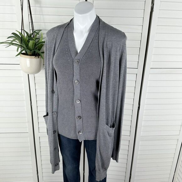 Current Air‎ Gray Faux Twinset Knit Vest Cardigan Overlay Sweater Hi-Low Size M - Picture 1 of 8